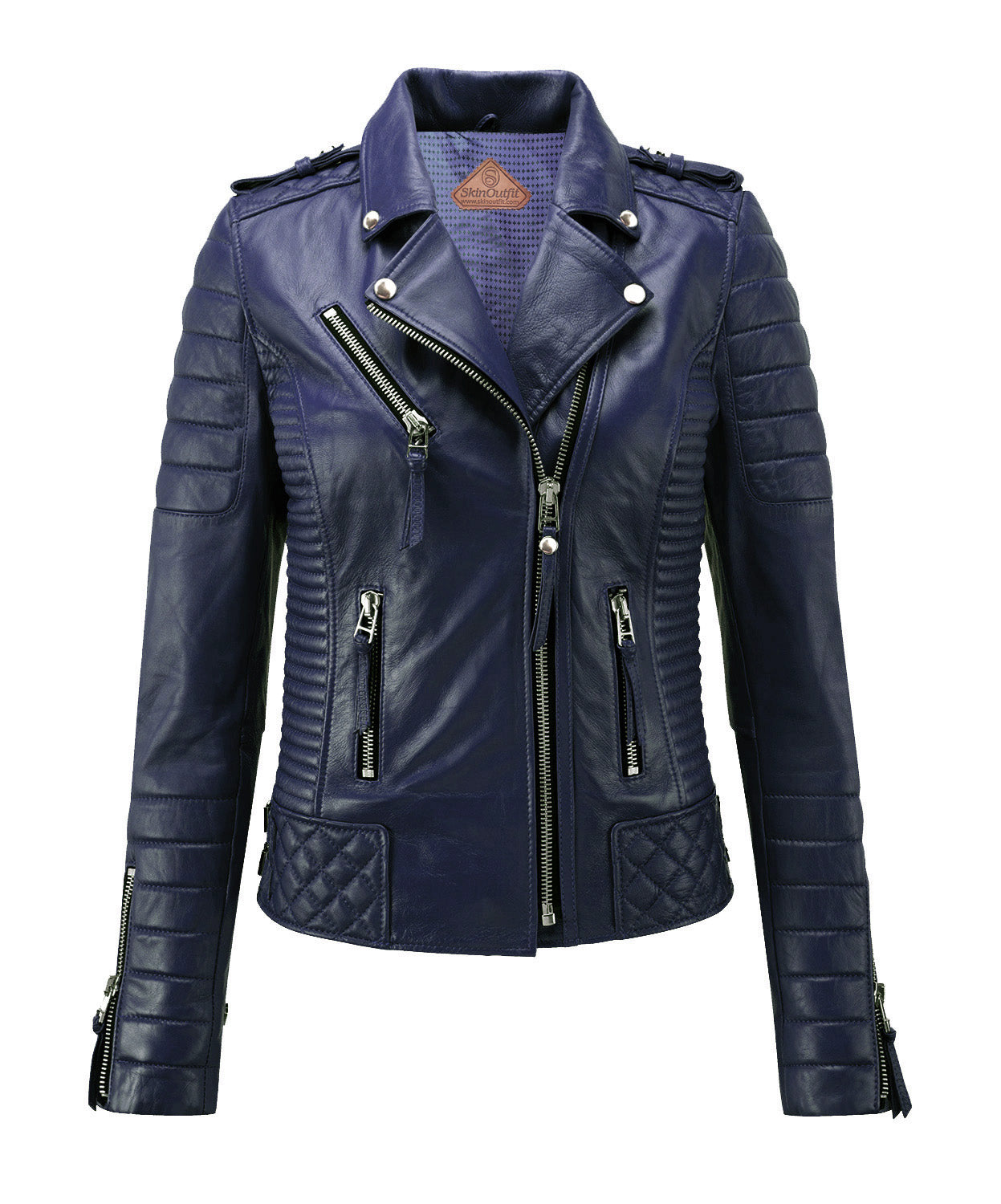 Stylish Biker Style Navy Blue Women Genuine Leather Jacket