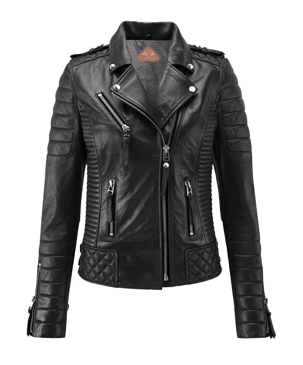 Fashion Black Leather Jacket Womens Outfit | Band Collar