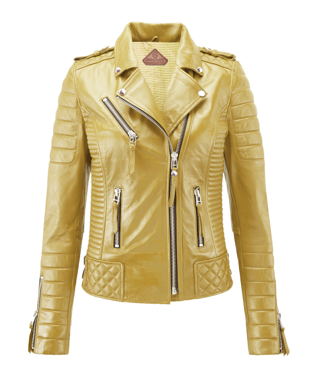 Womens Yellow Belted Style Biker Leather Jacket