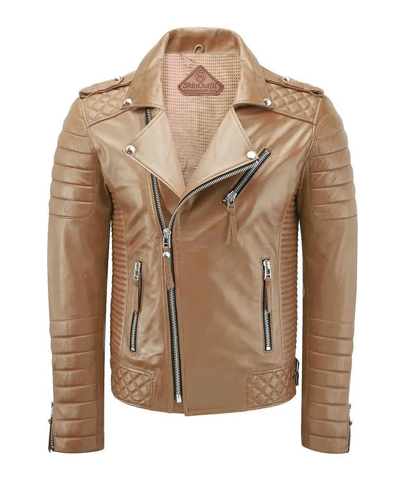 Men Biker Leather Jacket Camel Beige SkinOutfit