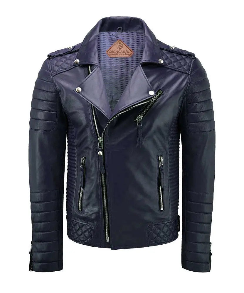 Men Biker Leather Jacket Dark Blue SkinOutfit