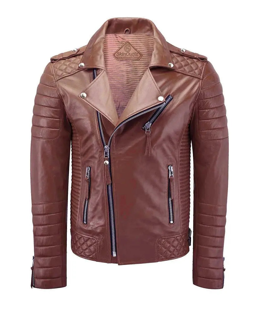 Men Biker Leather Jacket Tan SkinOutfit