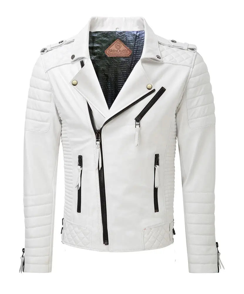 Men Biker Leather Jacket White SkinOutfit