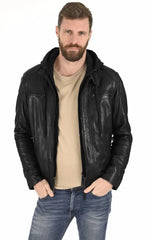 Men Hoodie Leather Jacket with Removable Hood 01 SkinOutfit