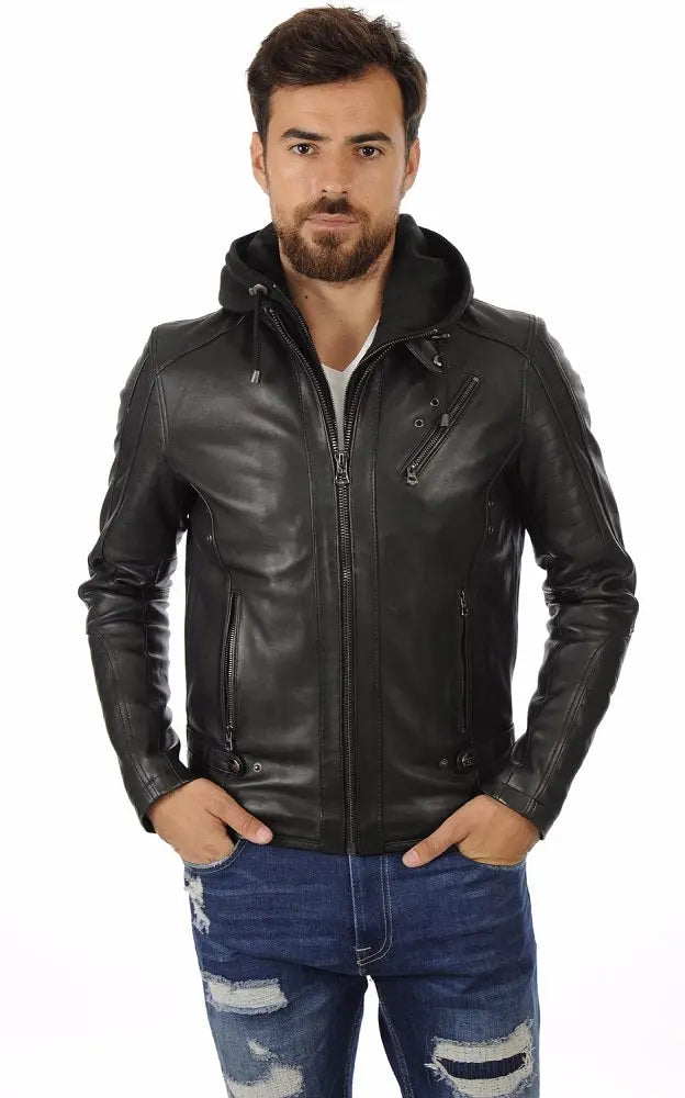 Men Hoodie Leather Jacket with Removable Hood 03 SkinOutfit