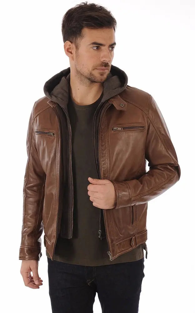 Men Hoodie Leather Jacket with Removable Hood 05 SkinOutfit