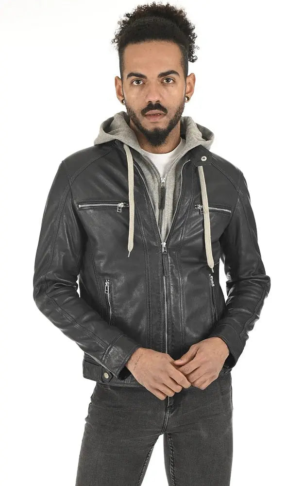 Men Hoodie Leather Jacket with Removable Hood 07 SkinOutfit