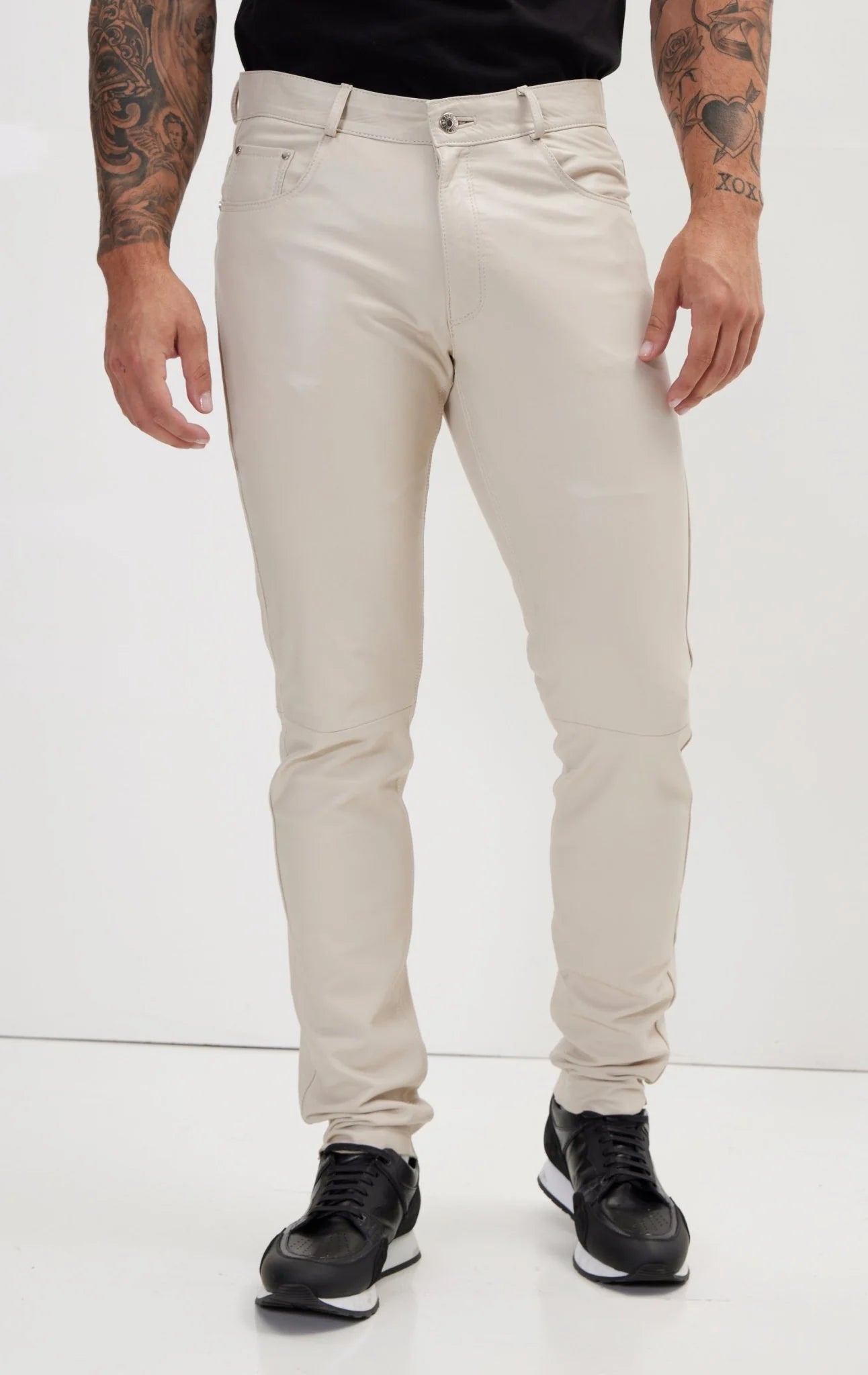 Men Genuine Leather Pant Beige SkinOutfit