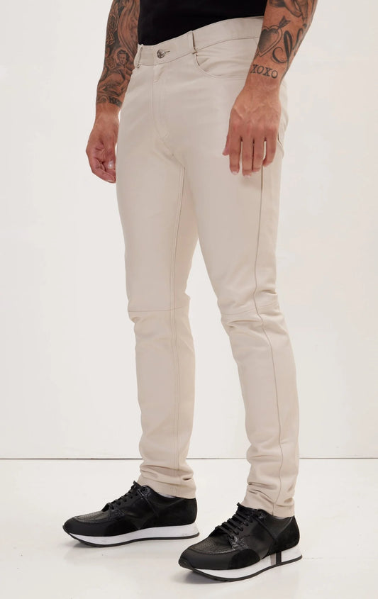 Men Genuine Leather Pant Beige SkinOutfit