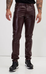 Men Genuine Leather Pant Burgundy SkinOutfit