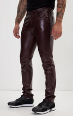 Men Genuine Leather Pant Burgundy SkinOutfit