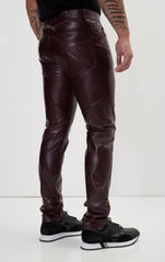 Men Genuine Leather Pant Burgundy SkinOutfit