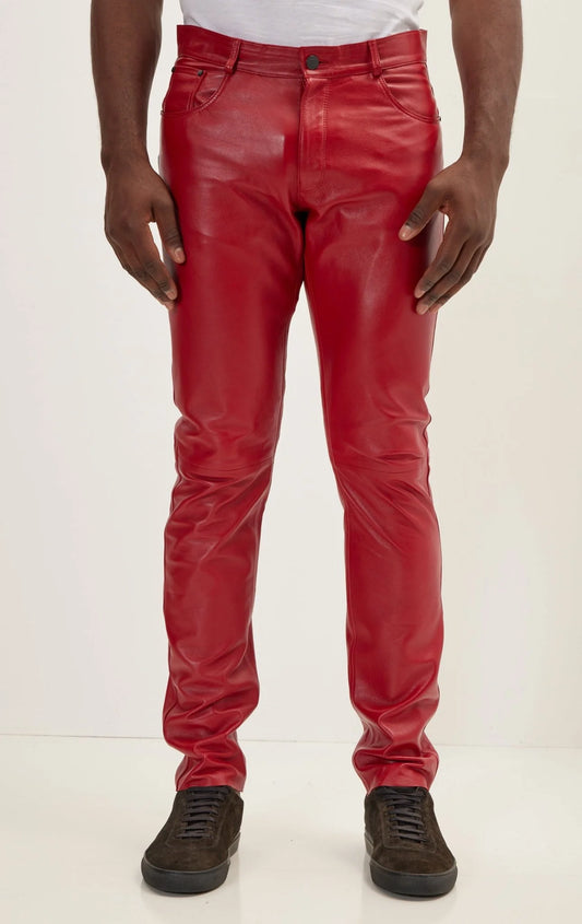 Men Genuine Leather Pant Red SkinOutfit