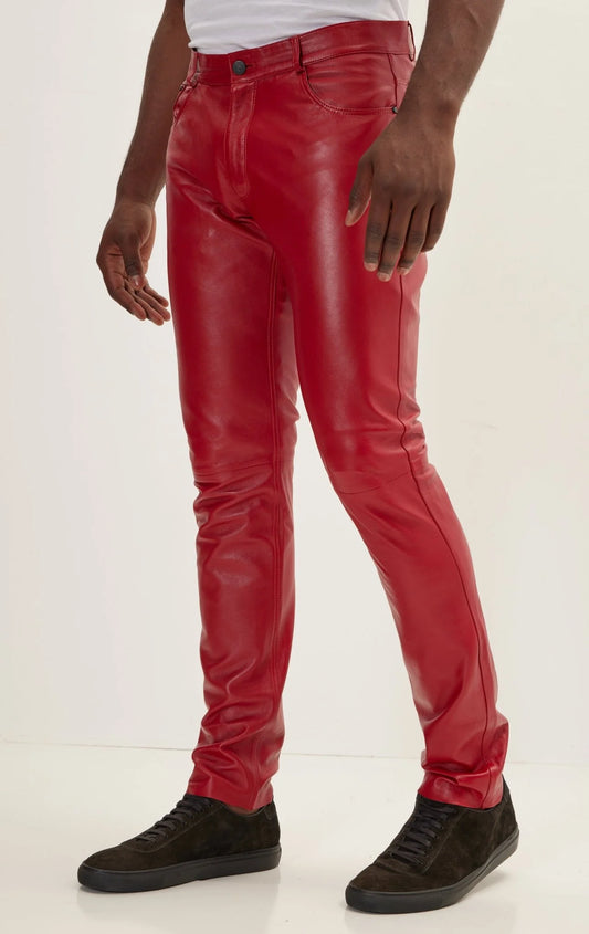 Men Genuine Leather Pant Red SkinOutfit