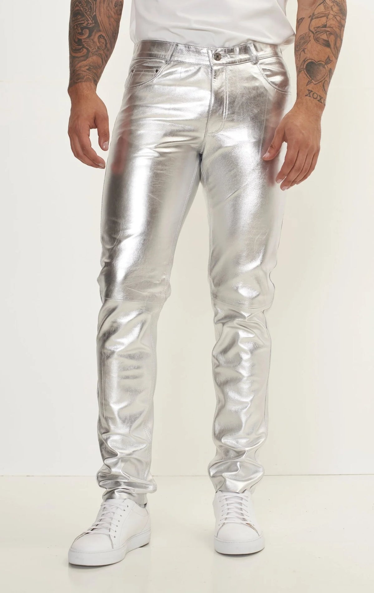 Men Genuine Leather Pant Silver SkinOutfit