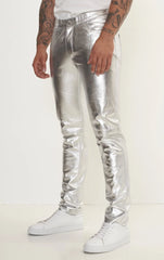 Men Genuine Leather Pant Silver SkinOutfit