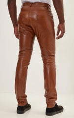 Men Genuine Leather Pant Tan SkinOutfit