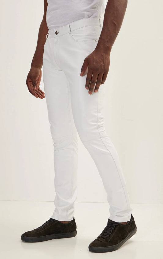 Men Genuine Leather Pant White SkinOutfit