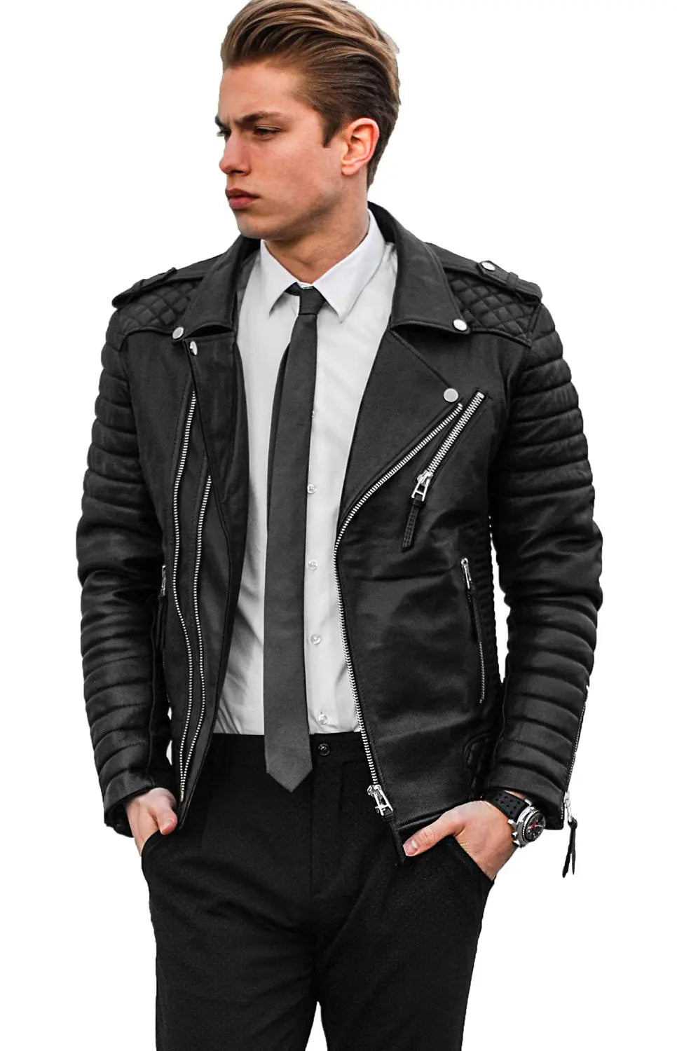 Men’s Black Leather Biker Jacket SkinOutfit