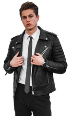 Men’s Black Leather Biker Jacket SkinOutfit