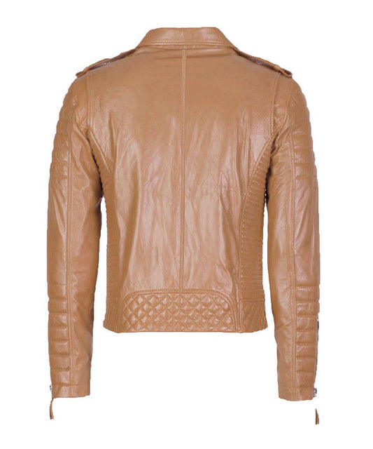 Men Motorcycle Leather Jacket Camel Beige SkinOutfit