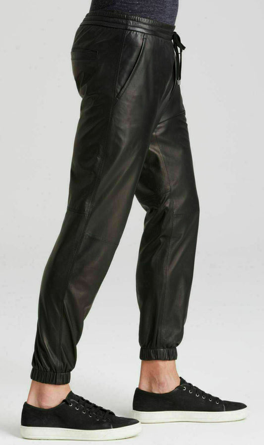 Men Genuine Leather Joggers Pant Black SkinOutfit