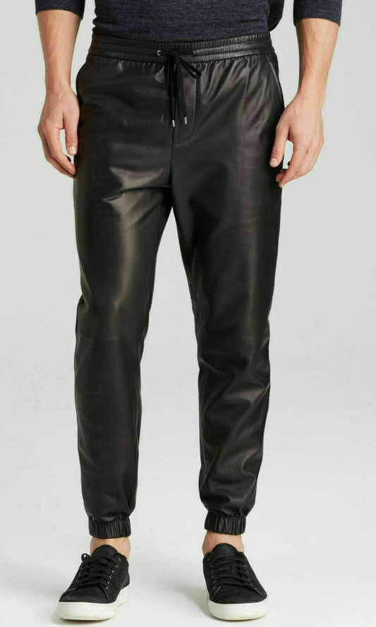 Men Genuine Leather Joggers Pant Black SkinOutfit