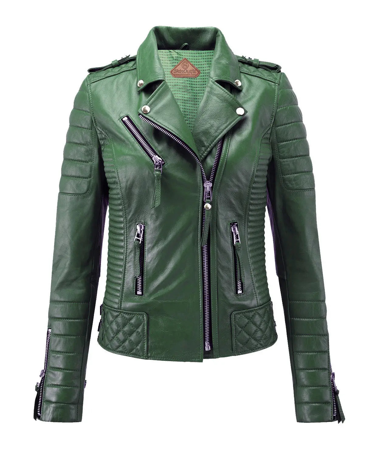 Women Biker Leather Jacket Dark Green freeshipping - SkinOutfit