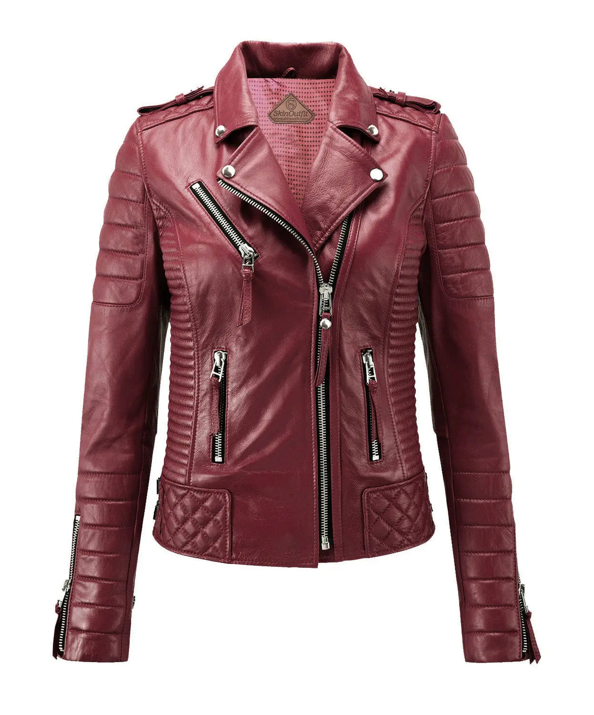 Women Biker Leather Jacket Dark Red SkinOutfit