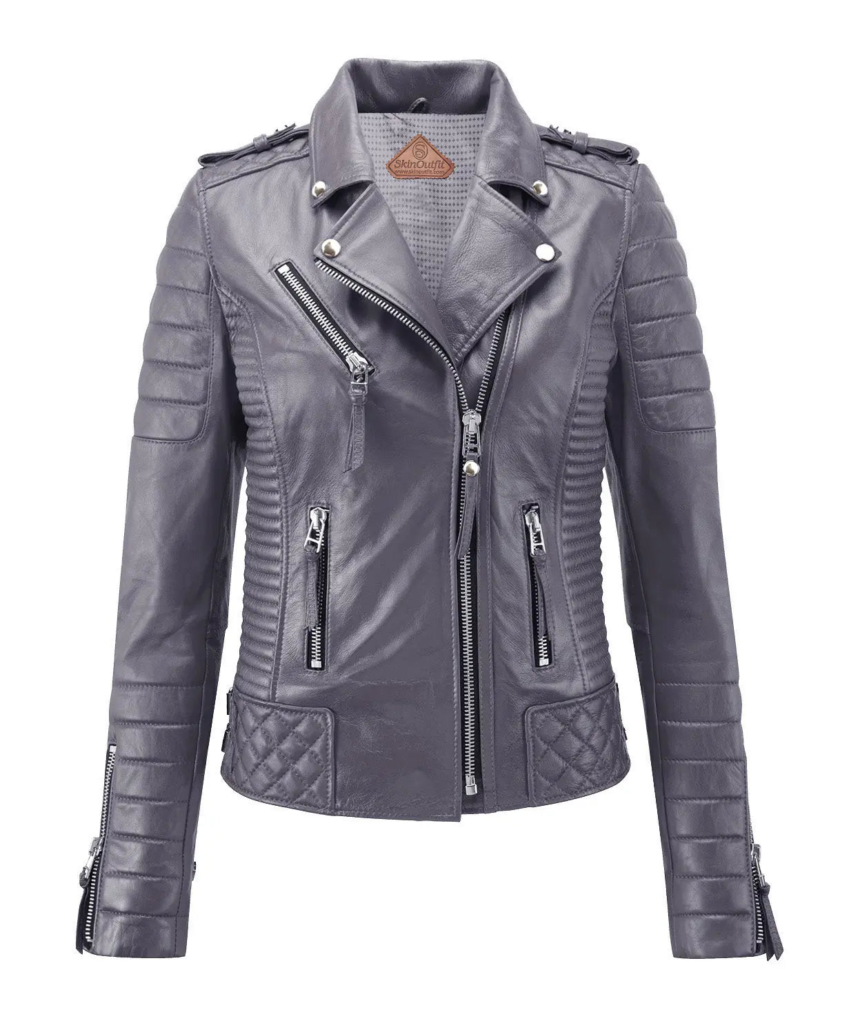 Women Biker Leather Jacket Gray freeshipping - SkinOutfit