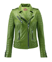 Women Biker Leather Jacket Green freeshipping - SkinOutfit