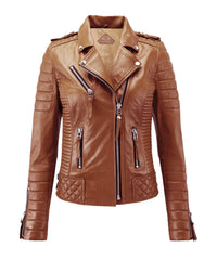 Women Biker Leather Jacket Mango Tan freeshipping - SkinOutfit