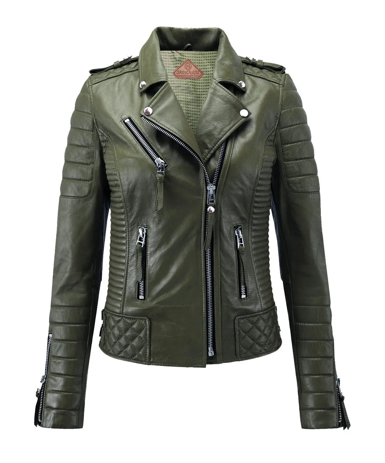 Women Biker Leather Jacket Olive Green freeshipping - SkinOutfit