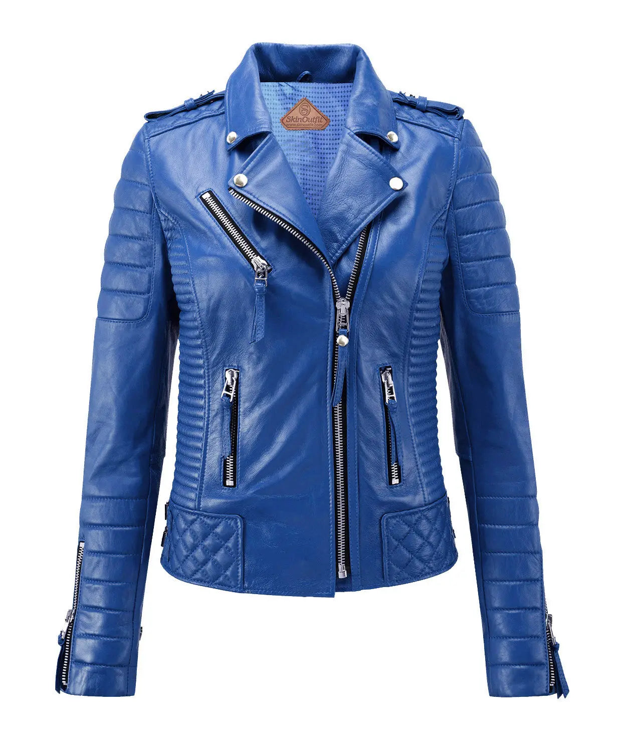 Women Biker Leather Jacket Royal Blue SkinOutfit