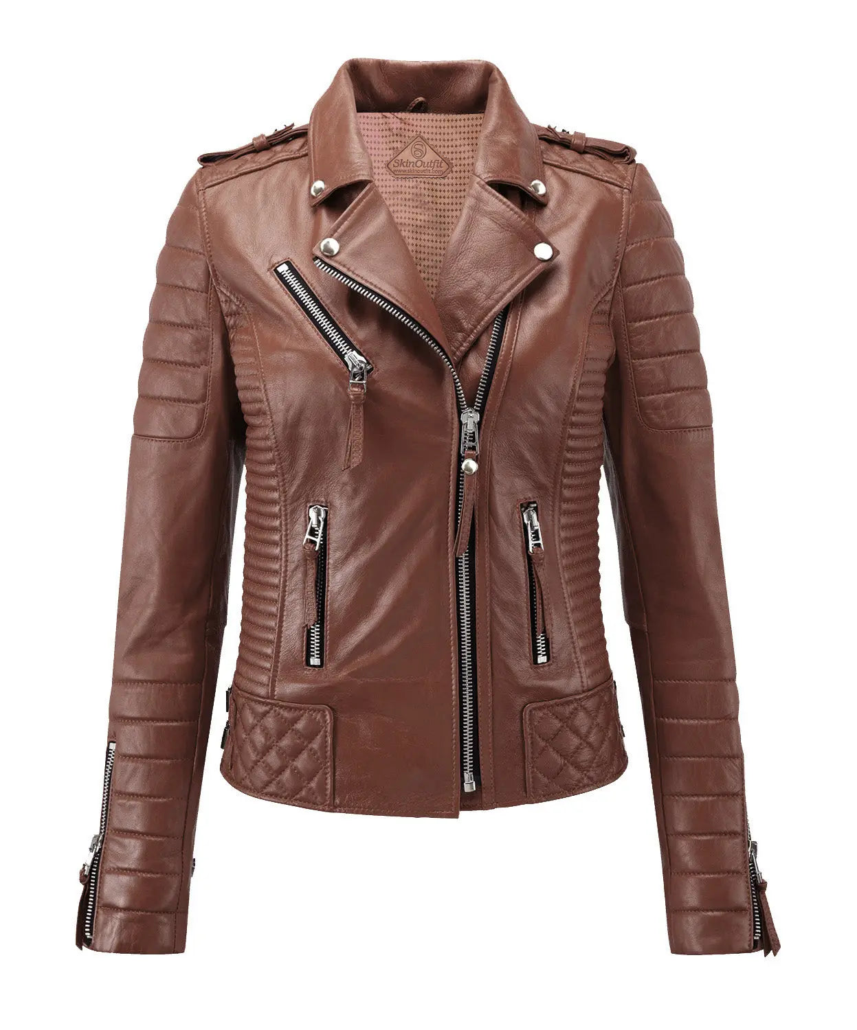 Women Biker Leather Jacket Tan freeshipping - SkinOutfit