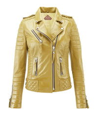 Women Biker Leather Jacket Yellow freeshipping - SkinOutfit