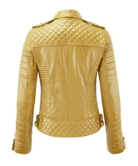 Women Biker Leather Jacket Yellow freeshipping - SkinOutfit