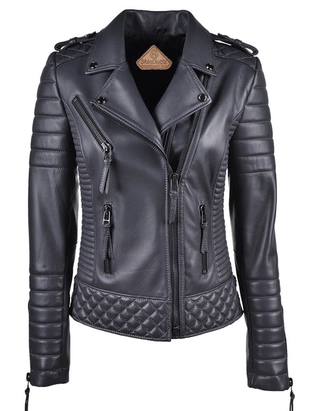 Women's Biker Leather Jacket Black Gold Zipper – SkinOutfit