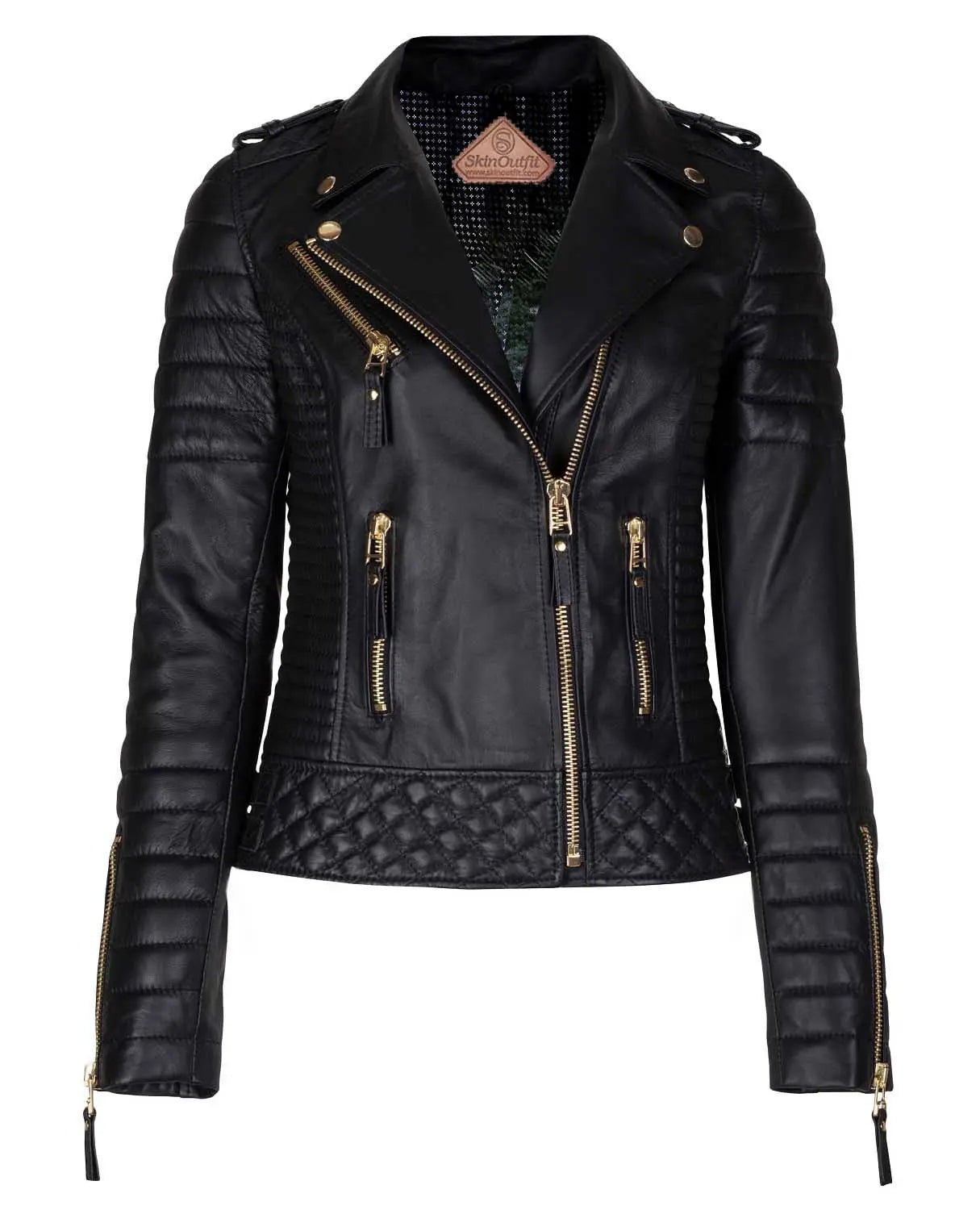 Women's Biker Leather Jacket Black Gold Zipper SkinOutfit