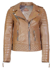 Women's Biker Leather Jacket Camel Beige freeshipping - SkinOutfit