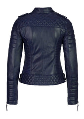 Women's Biker Leather Jacket Dark Blue freeshipping - SkinOutfit