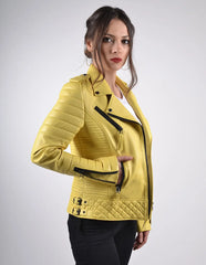 Women's Motorcycle Leather Jacket Yellow freeshipping - SkinOutfit